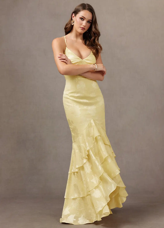 Yellow Mermaid V-Neck Ruffled Floor-Length Wedding Dress - Yihuiw by Yihuiw