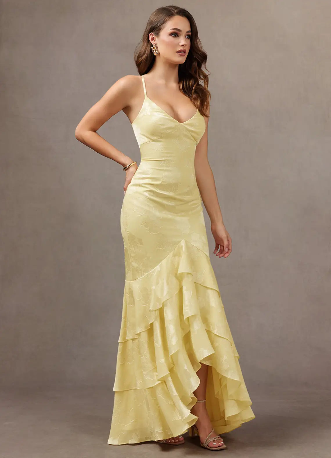 Yellow Mermaid V-Neck Ruffled Floor-Length Wedding Dress - Yihuiw by Yihuiw