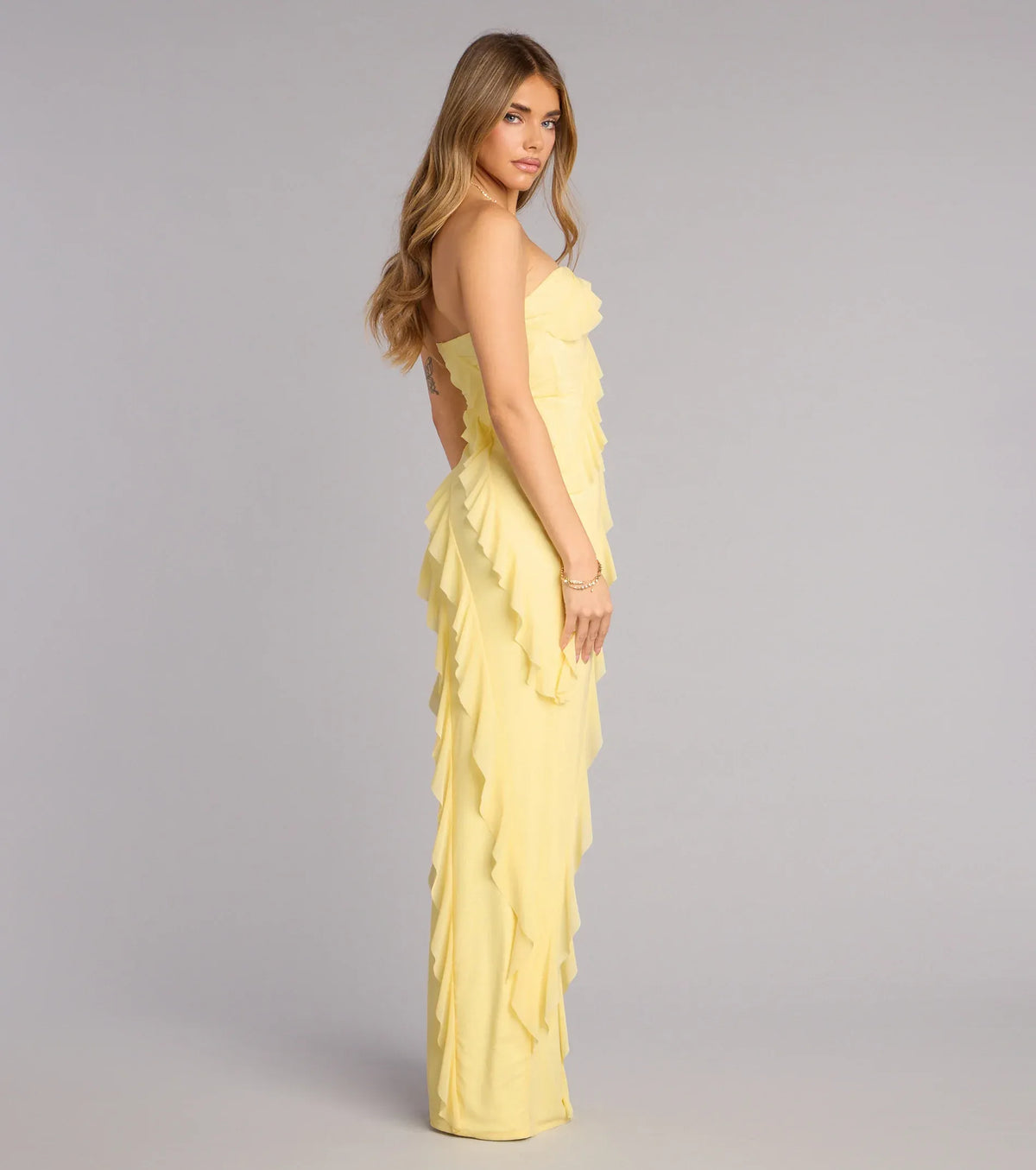 Yellow Strapless High Slit Floor-Length Wedding Dress - Yihuiw by Yihuiw
