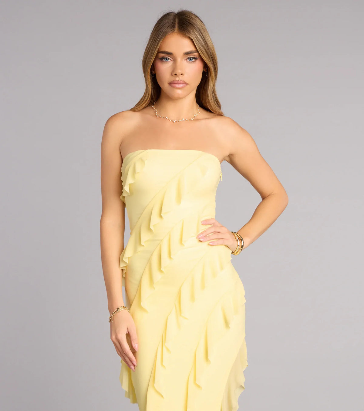 Yellow Strapless High Slit Floor-Length Wedding Dress - Yihuiw by Yihuiw