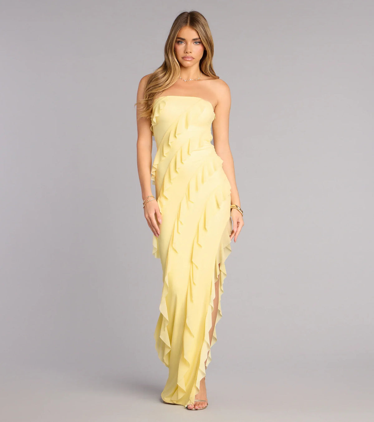 Yellow Strapless High Slit Floor-Length Wedding Dress - Yihuiw by Yihuiw