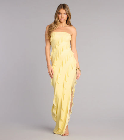 Yellow Strapless High Slit Floor-Length Wedding Dress - Yihuiw by Yihuiw