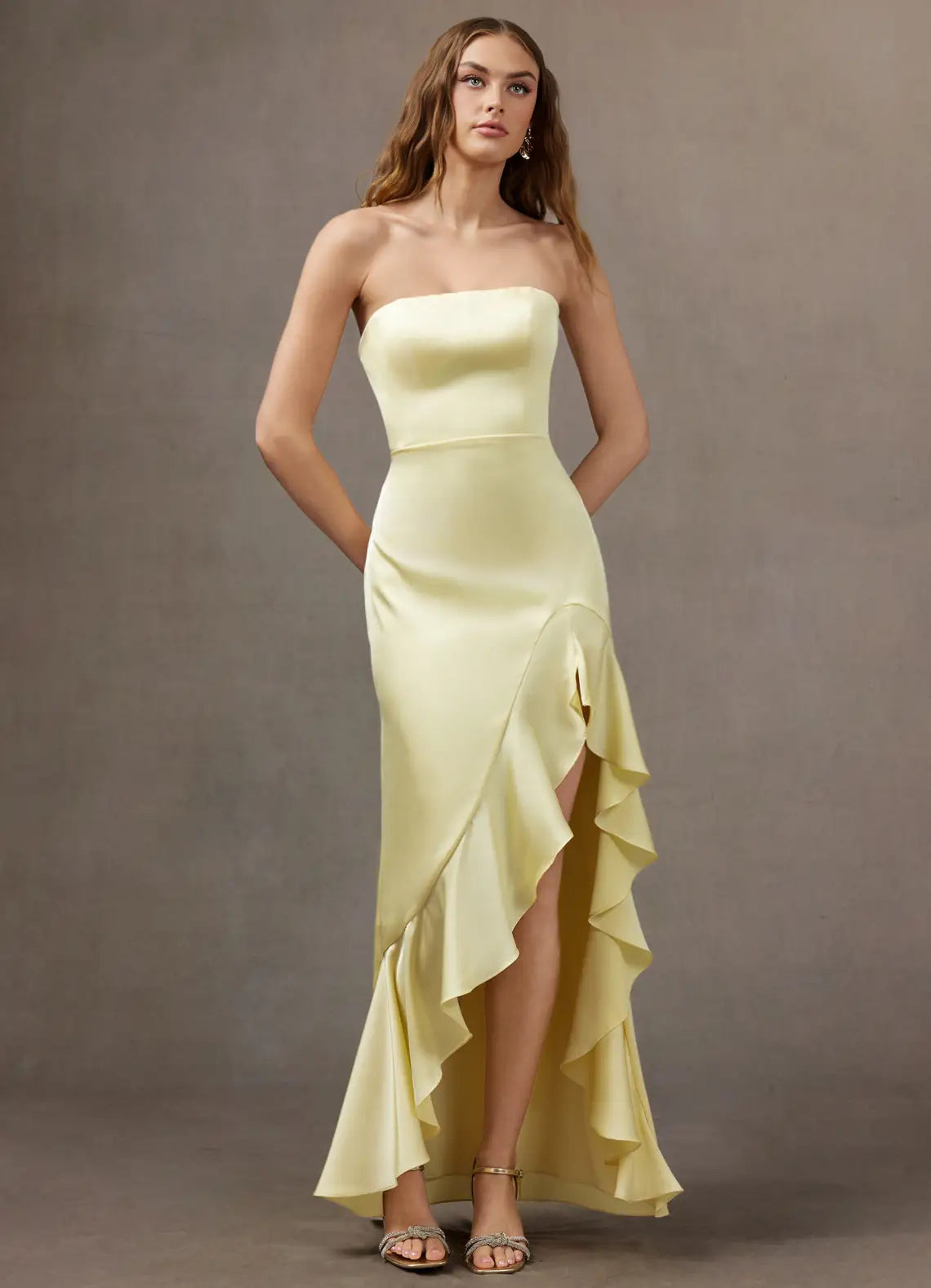 Yellow Mermaid Strapless Satin High Slit Floor-Length Wedding Dress - Yihuiw by Yihuiw