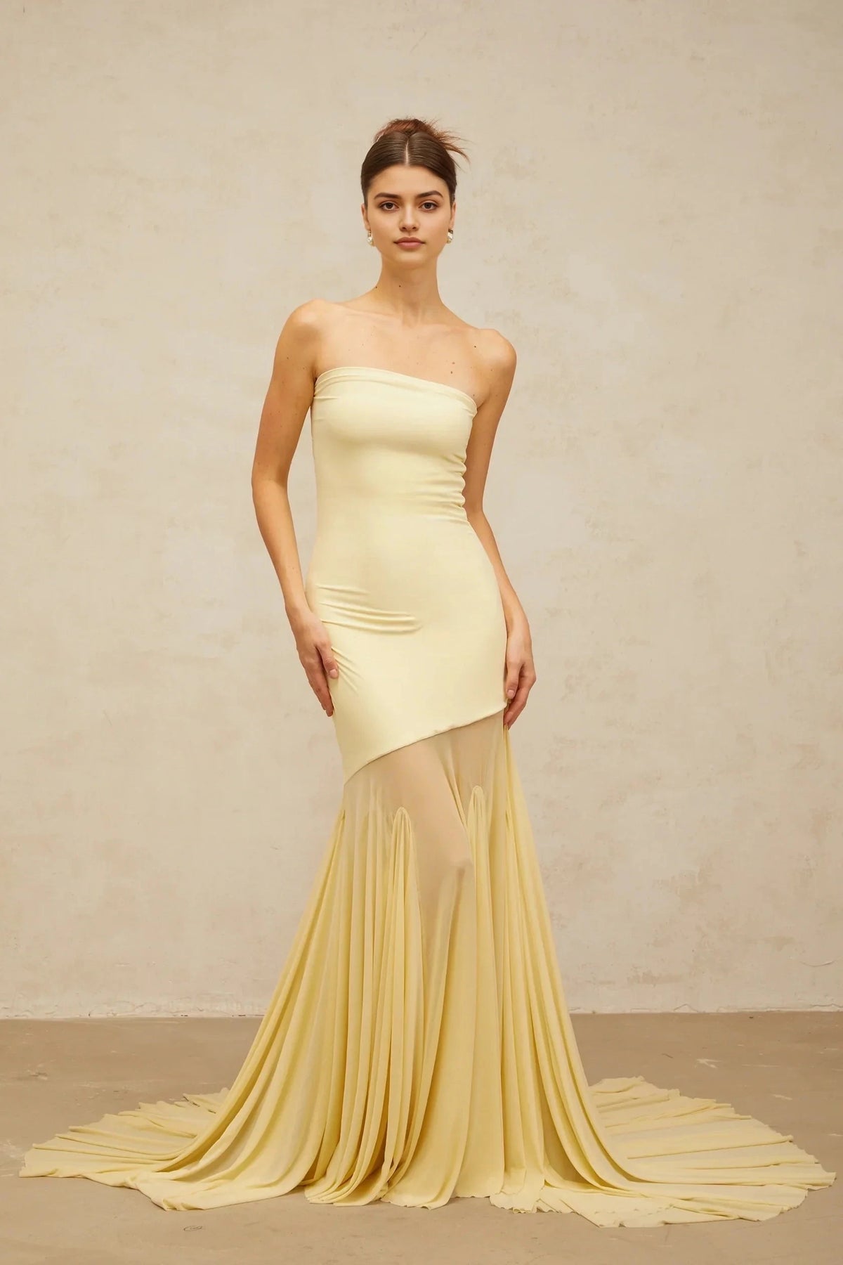 Pale Yellow Strapless Maxi Dress with Sheer Train yellow off-shoulder sheer tulle maxi dress Evening Dress by YiHuiw