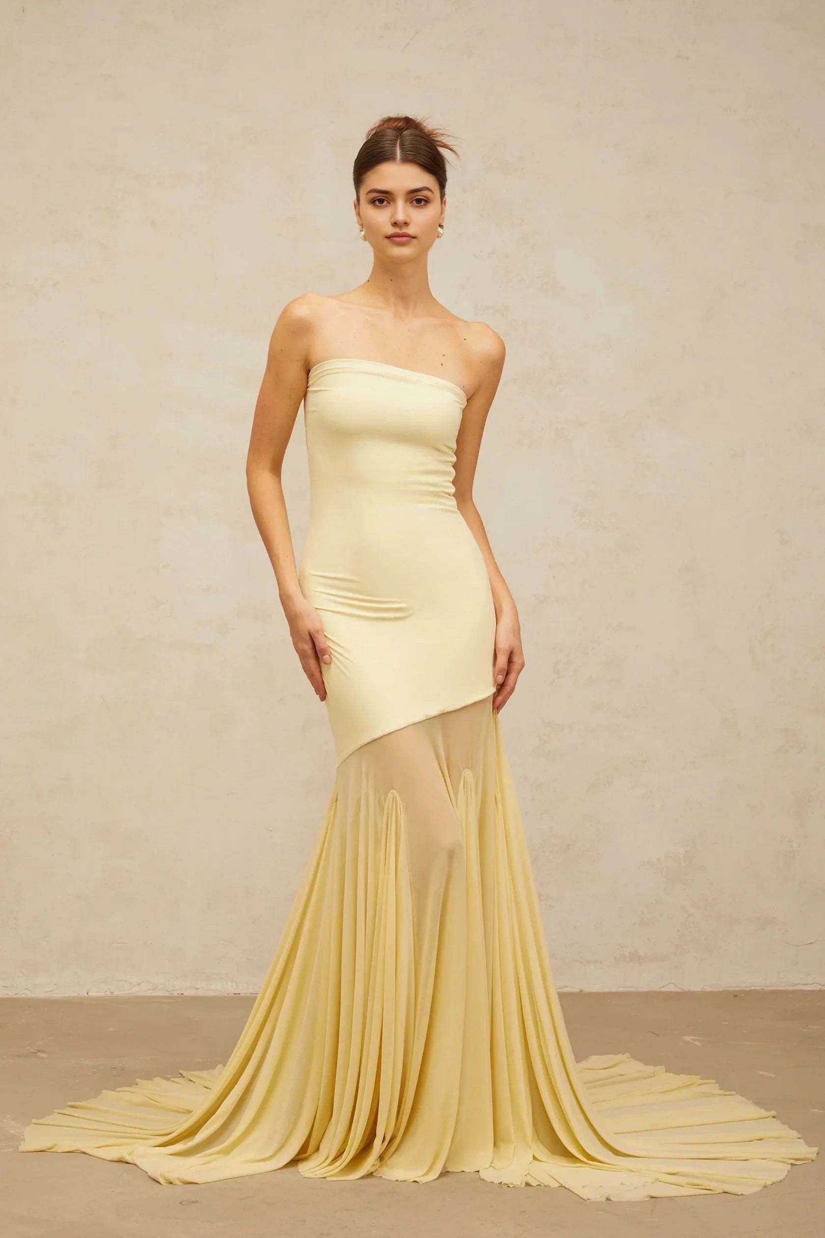 Pale Yellow Strapless Maxi Dress with Sheer Train yellow off-shoulder sheer tulle maxi dress Evening Dress by YiHuiw