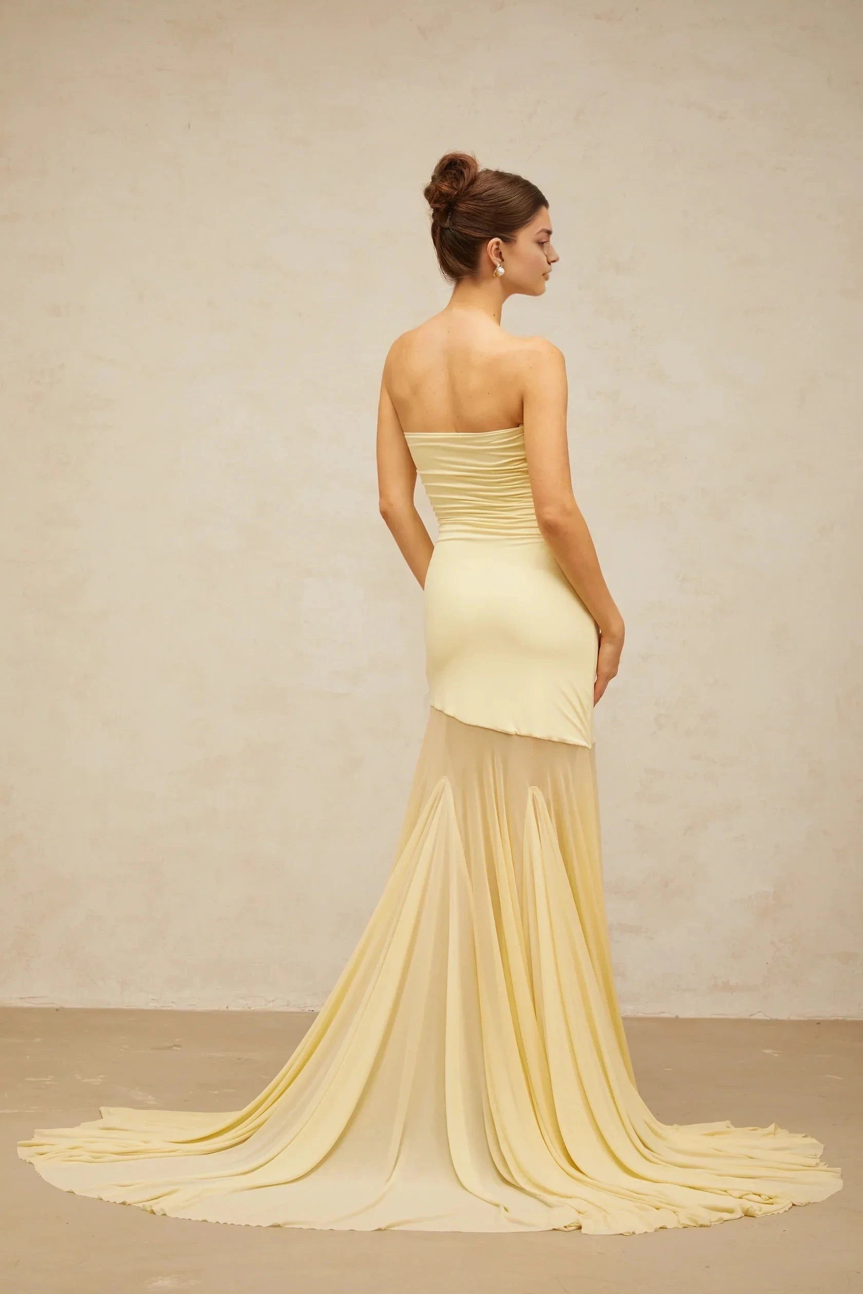Pale Yellow Strapless Maxi Dress with Sheer Train yellow off-shoulder sheer tulle maxi dress Evening Dress by YiHuiw