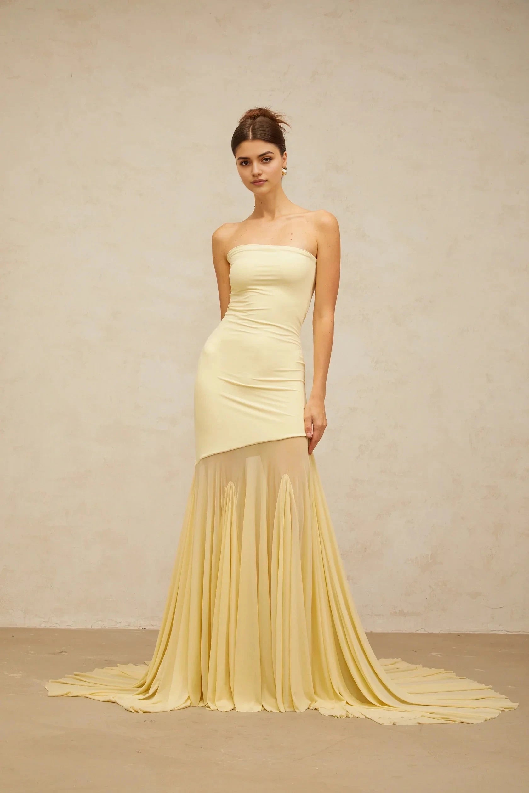 Pale Yellow Strapless Maxi Dress with Sheer Train yellow off-shoulder sheer tulle maxi dress Evening Dress by YiHuiw