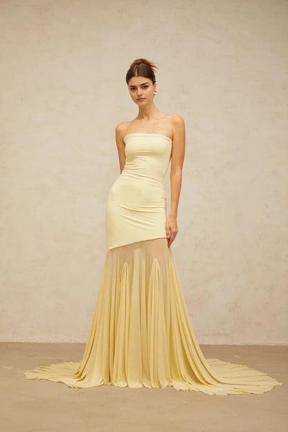 Pale Yellow Strapless Maxi Dress with Sheer Train yellow off-shoulder sheer tulle maxi dress Evening Dress by YiHuiw
