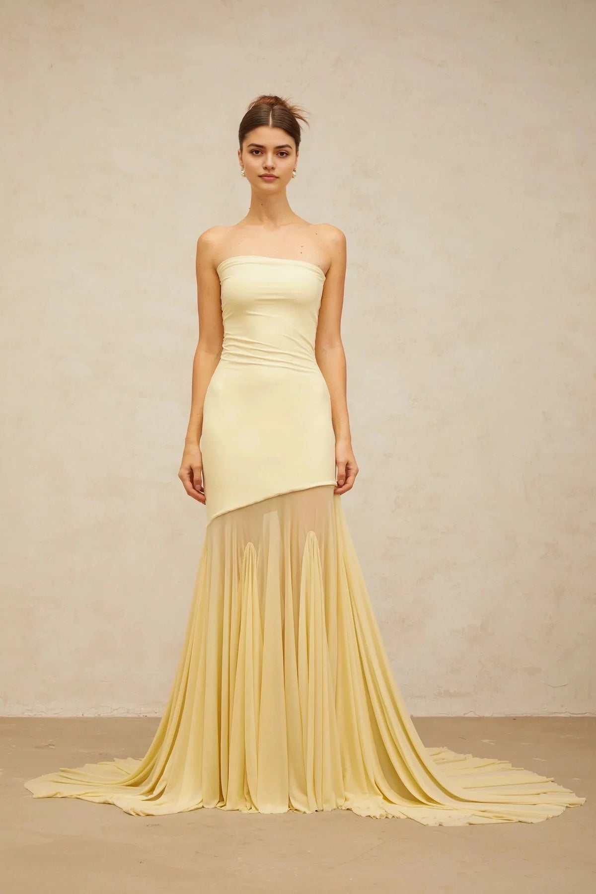 Pale Yellow Strapless Maxi Dress with Sheer Train yellow off-shoulder sheer tulle maxi dress Evening Dress by YiHuiw
