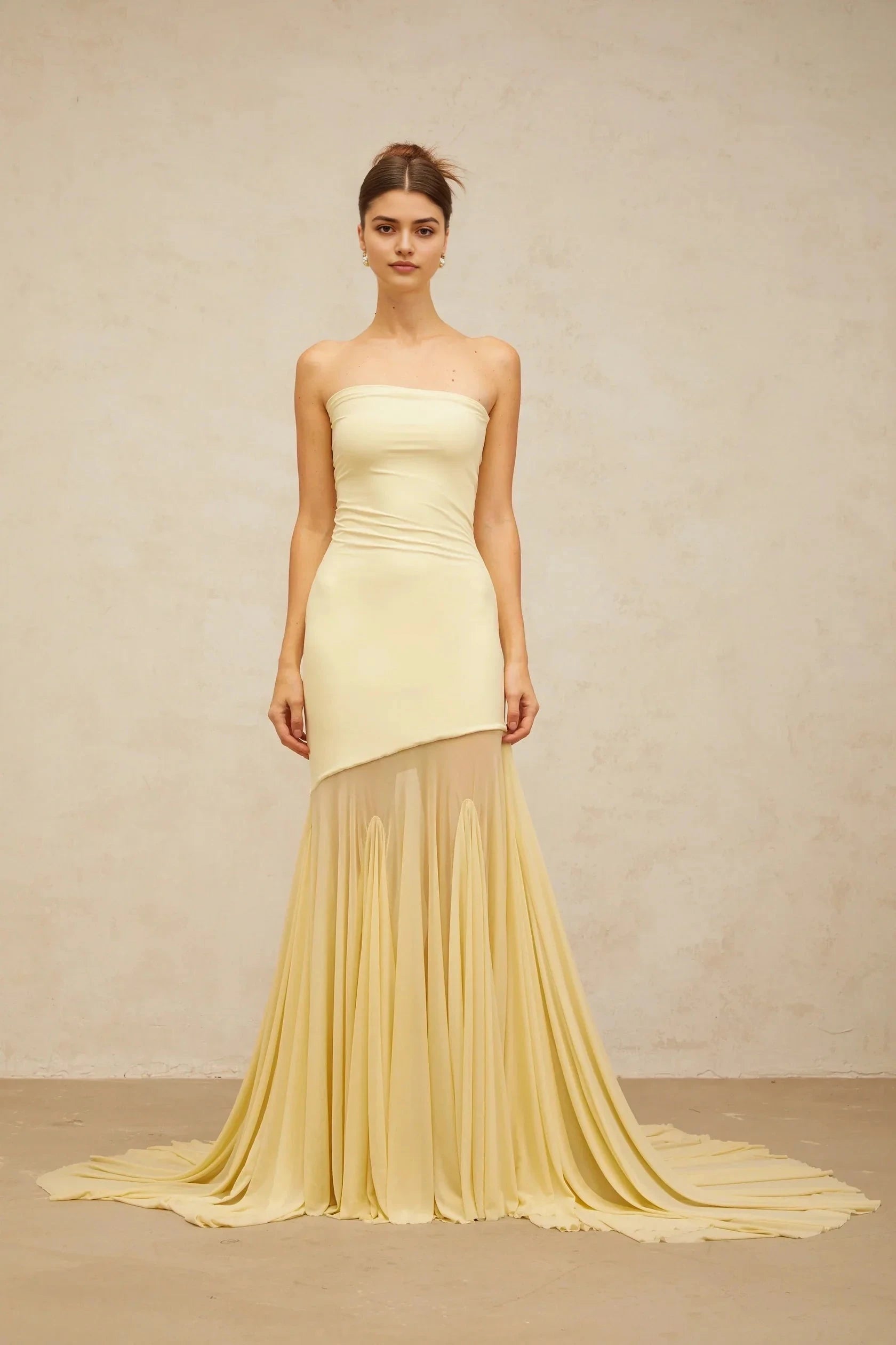 Pale Yellow Strapless Maxi Dress with Sheer Train yellow off-shoulder sheer tulle maxi dress Evening Dress by YiHuiw