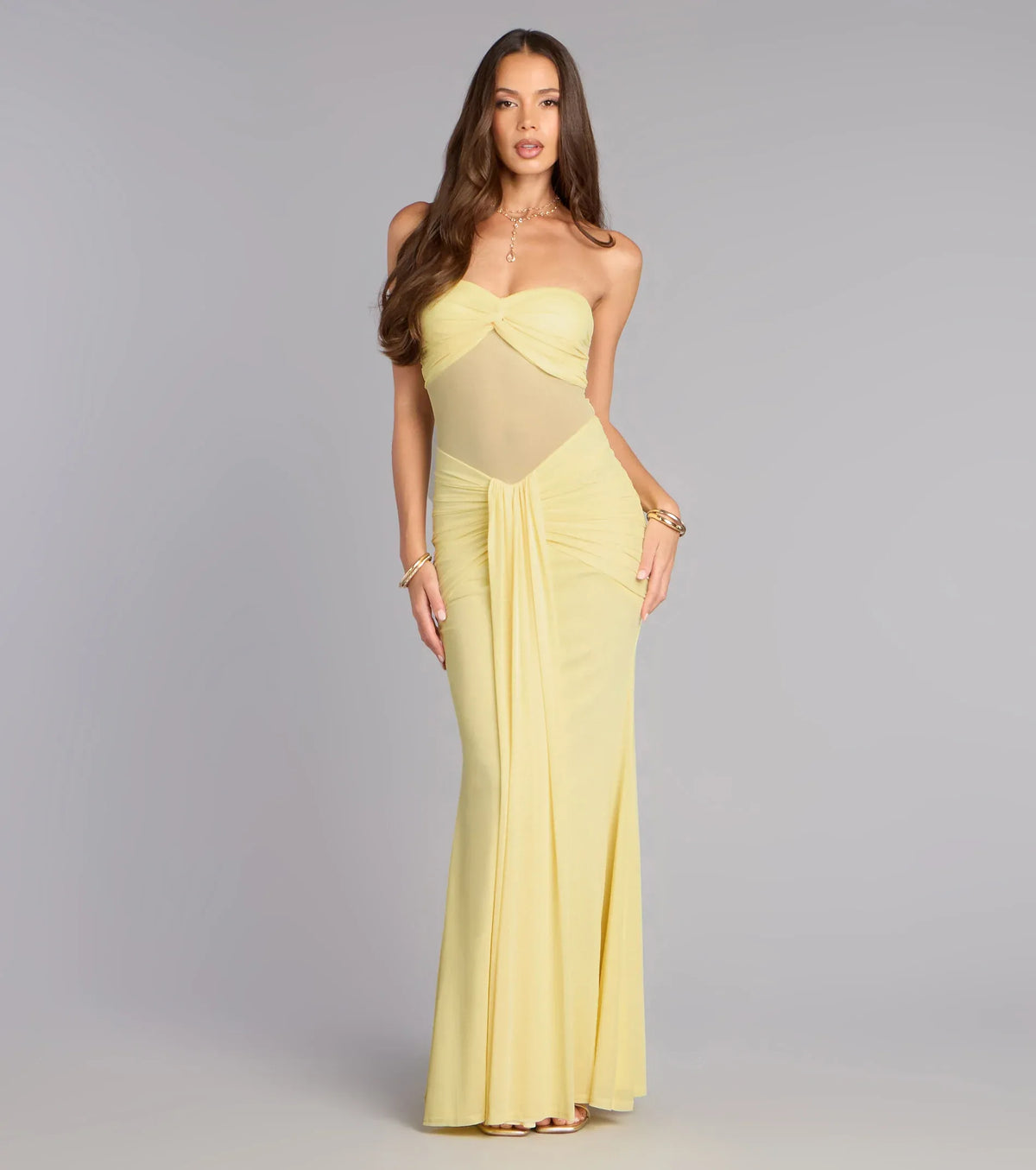 Yellow Mermaid Strapless Mesh Cutout Floor-Length Wedding Dress - Yihuiw by Yihuiw