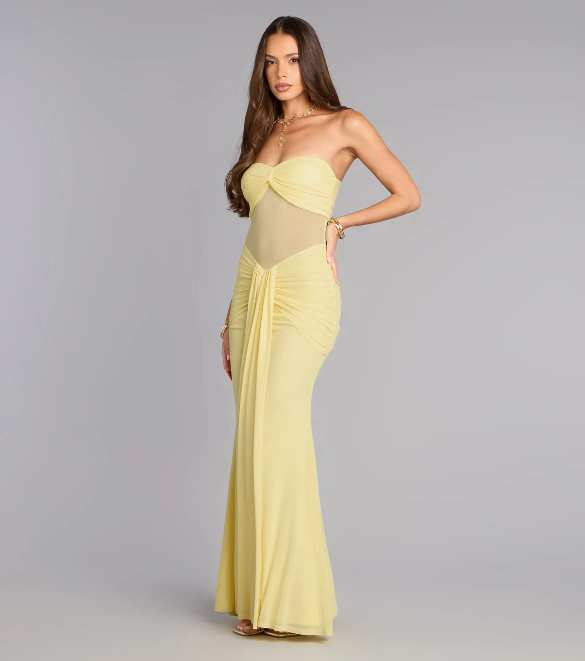 Yellow Mermaid Strapless Mesh Cutout Floor-Length Wedding Dress - Yihuiw by Yihuiw