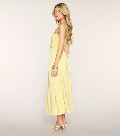 Yellow A-Line Strapless Ruched Midi Wedding Dress - Yihuiw by Yihuiw