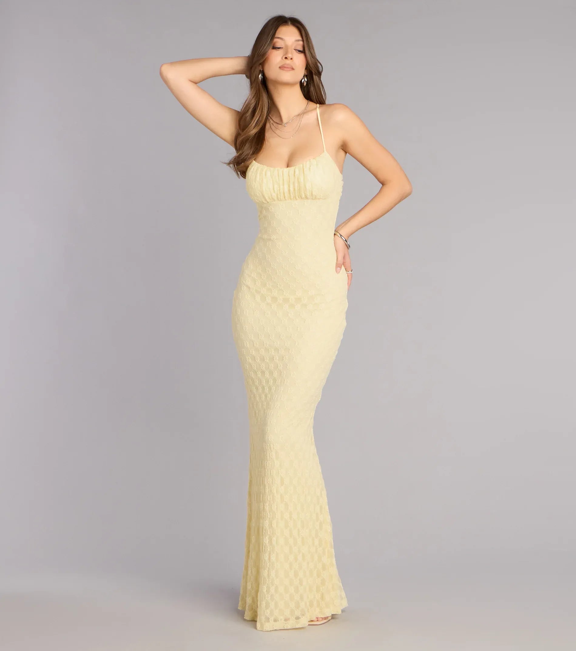 Yellow Mermaid Spaghetti Strap Mesh Ruched Floor-Length Wedding Dress - Yihuiw by Yihuiw