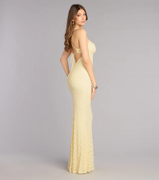 Yellow Mermaid Spaghetti Strap Mesh Ruched Floor-Length Wedding Dress - Yihuiw by Yihuiw