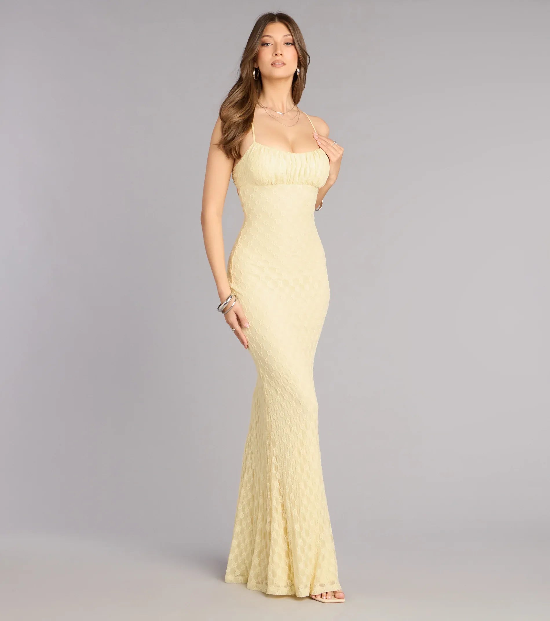 Yellow Mermaid Spaghetti Strap Mesh Ruched Floor-Length Wedding Dress - Yihuiw by Yihuiw