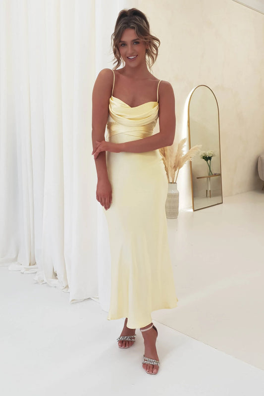 Yellow Cowl Neck Satin Midi Wedding Dress - Yihuiw by Yihuiw