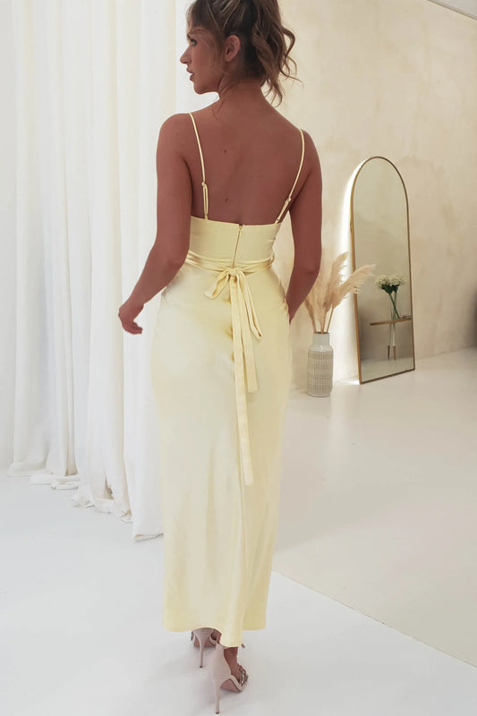 Yellow Cowl Neck Satin Midi Wedding Dress - Yihuiw by Yihuiw