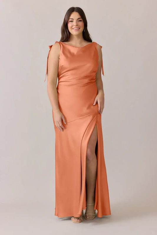 Peach Cowl Neck Satin High Slit Wedding Dress - Yihuiw by Yihuiw
