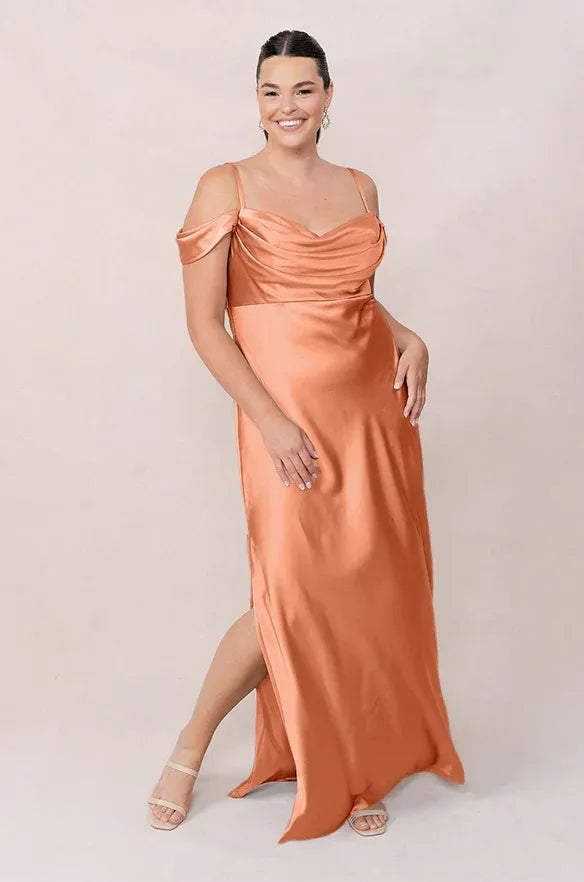 Peach Cowl Neck Satin Cold Shoulder High Slit Wedding Dress - Yihuiw by Yihuiw