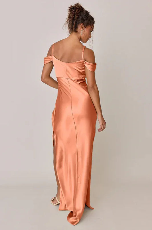 Peach Cowl Neck Satin Cold Shoulder High Slit Wedding Dress - Yihuiw by Yihuiw