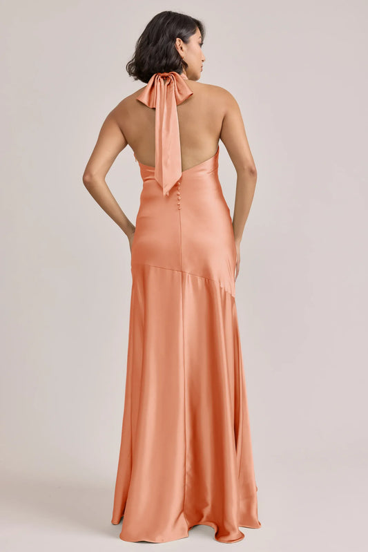 Peach Halter Satin Wedding Dress - Yihuiw by Yihuiw