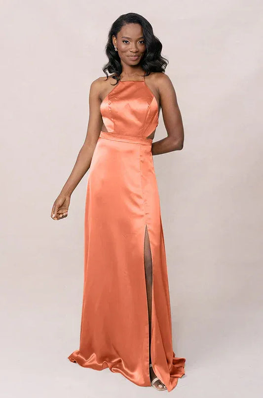 Peach Halter Satin Open Back High Slit Wedding Dress - Yihuiw by Yihuiw