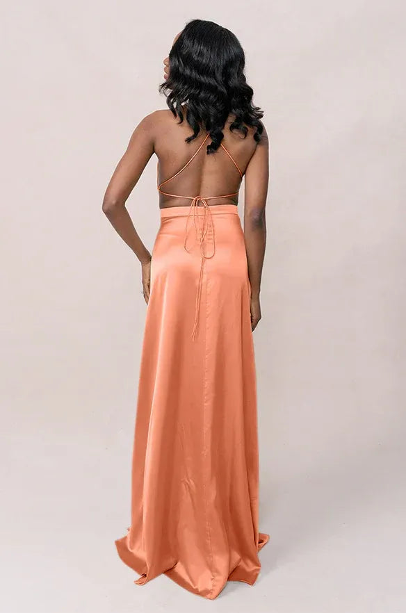 Peach Halter Satin Open Back High Slit Wedding Dress - Yihuiw by Yihuiw