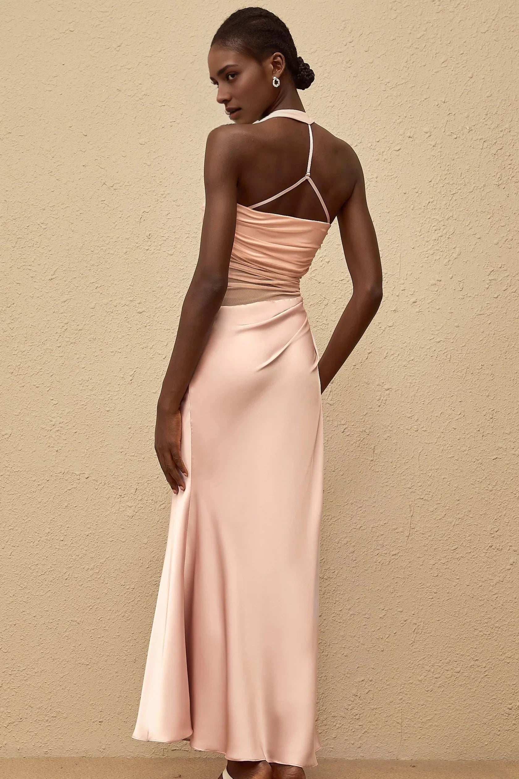 Peach Halter Neck Satin Maxi Dress with Mesh Waist Detail Taina Pink Mesh Panel Ruched Maxi Dress by YiHuiw