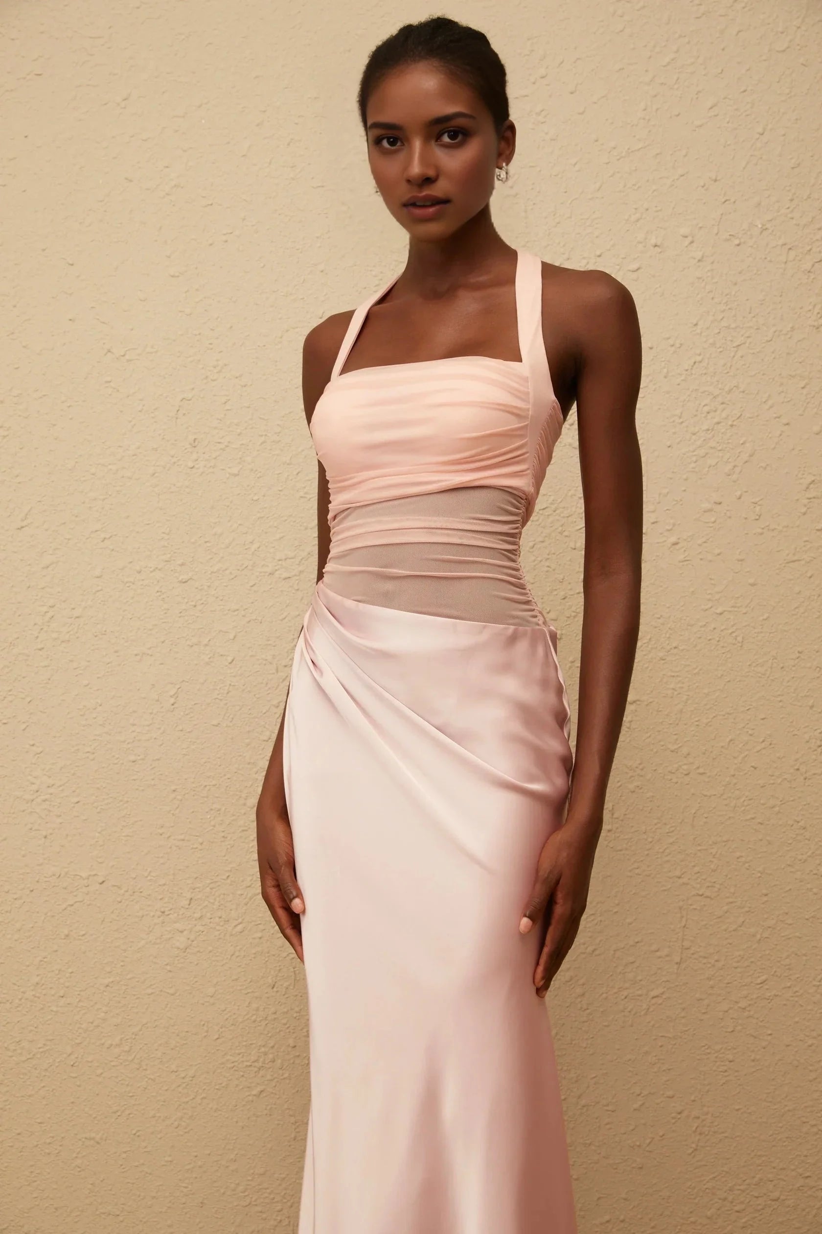 Peach Halter Neck Satin Maxi Dress with Mesh Waist Detail Taina Pink Mesh Panel Ruched Maxi Dress by YiHuiw