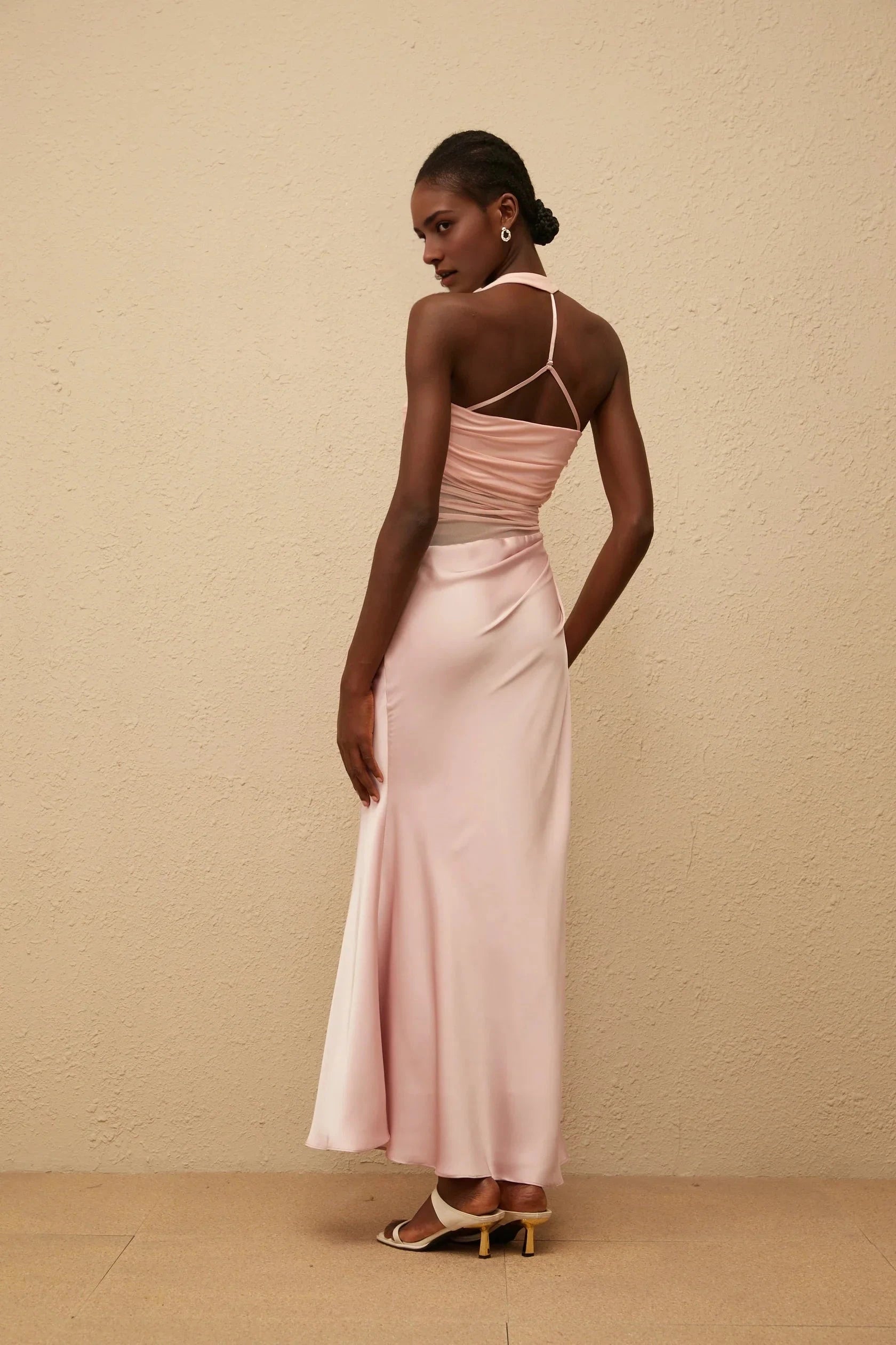 Peach Halter Neck Satin Maxi Dress with Mesh Waist Detail Taina Pink Mesh Panel Ruched Maxi Dress by YiHuiw