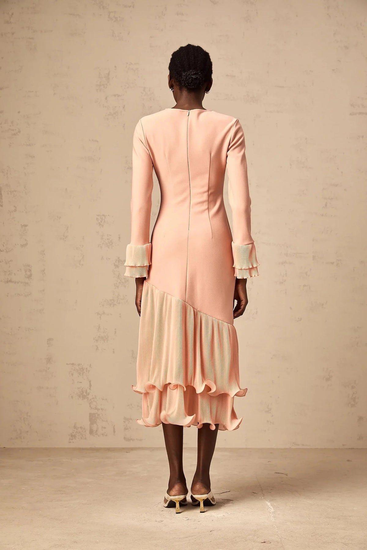 Peach Long Sleeve Midi Dress with Ruffled Hem ruffled-trim panelled midi dress in Pink Evening Dress by YiHuiw