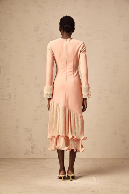 Peach Long Sleeve Midi Dress with Ruffled Hem ruffled-trim panelled midi dress in Pink Evening Dress by YiHuiw