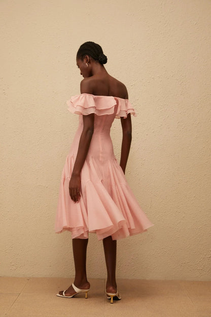 Peach Off - Shoulder Midi Dress with Ruffled Neckline Margarita Pink Ruffled Midi Dress Evening Dress by YiHuiw