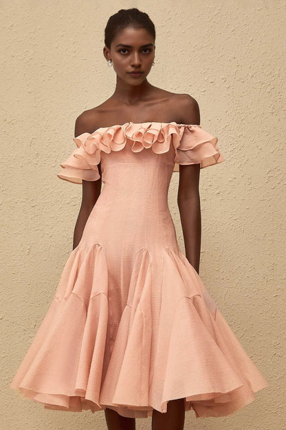 Peach Off - Shoulder Midi Dress with Ruffled Neckline Margarita Pink Ruffled Midi Dress Evening Dress by YiHuiw