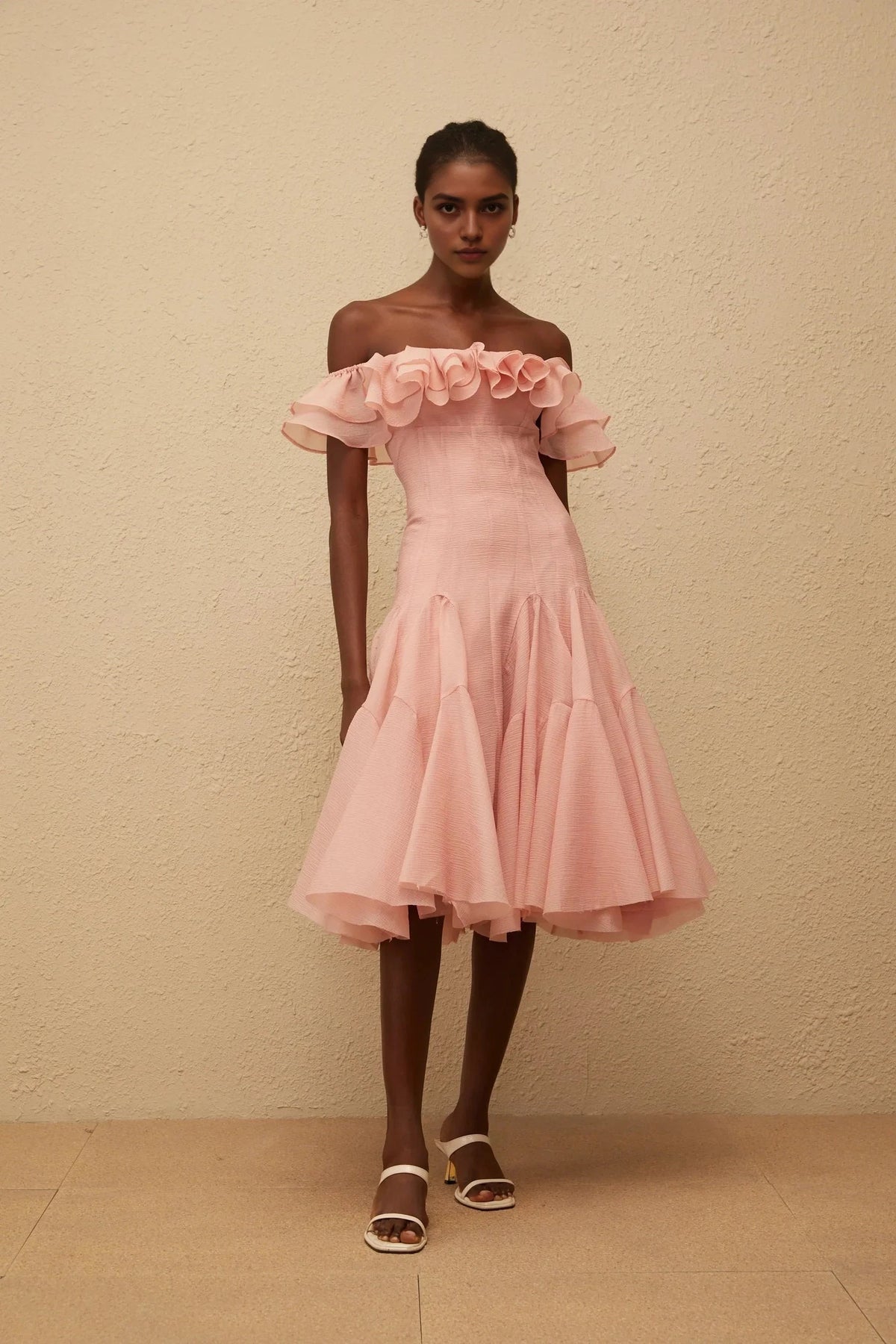 Peach Off - Shoulder Midi Dress with Ruffled Neckline Margarita Pink Ruffled Midi Dress Evening Dress by YiHuiw