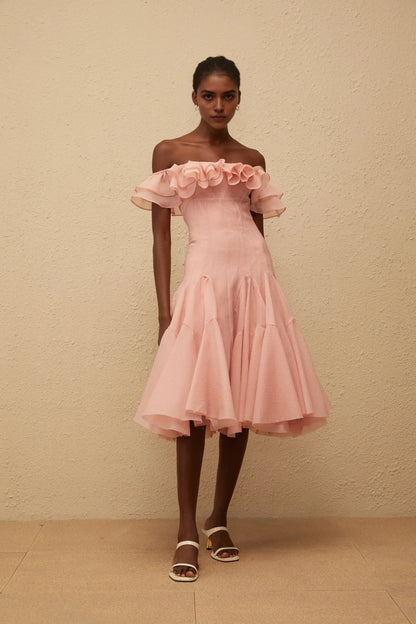 Peach Off - Shoulder Midi Dress with Ruffled Neckline Margarita Pink Ruffled Midi Dress Evening Dress by YiHuiw