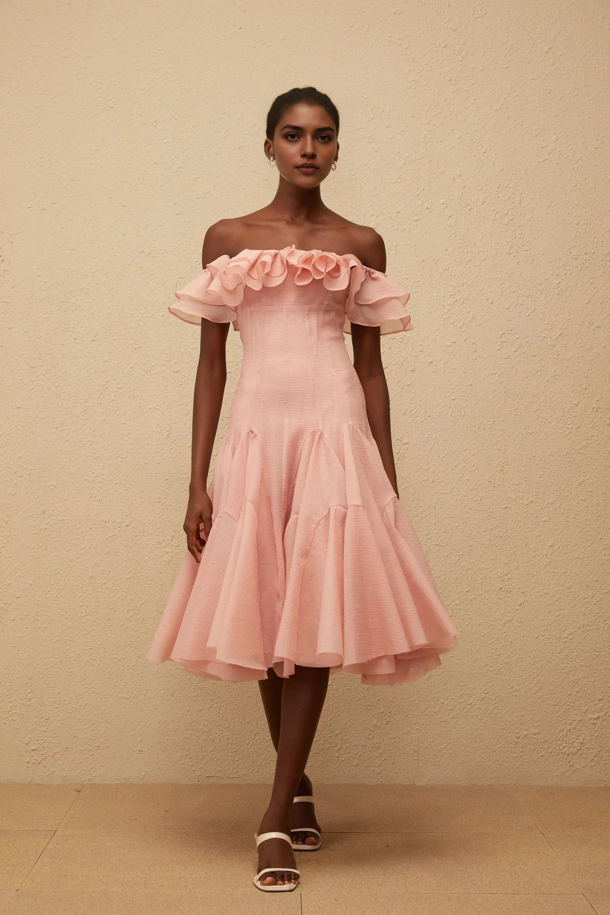 Peach Off - Shoulder Midi Dress with Ruffled Neckline Margarita Pink Ruffled Midi Dress Evening Dress by YiHuiw