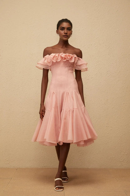 Peach Off - Shoulder Midi Dress with Ruffled Neckline Margarita Pink Ruffled Midi Dress Evening Dress by YiHuiw