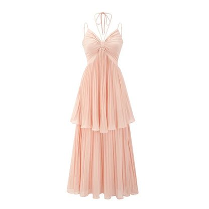Peach Pleated Halter Neck Midi Dress Olympe pink pleated tiered midi dress Evening Dress by YiHuiw