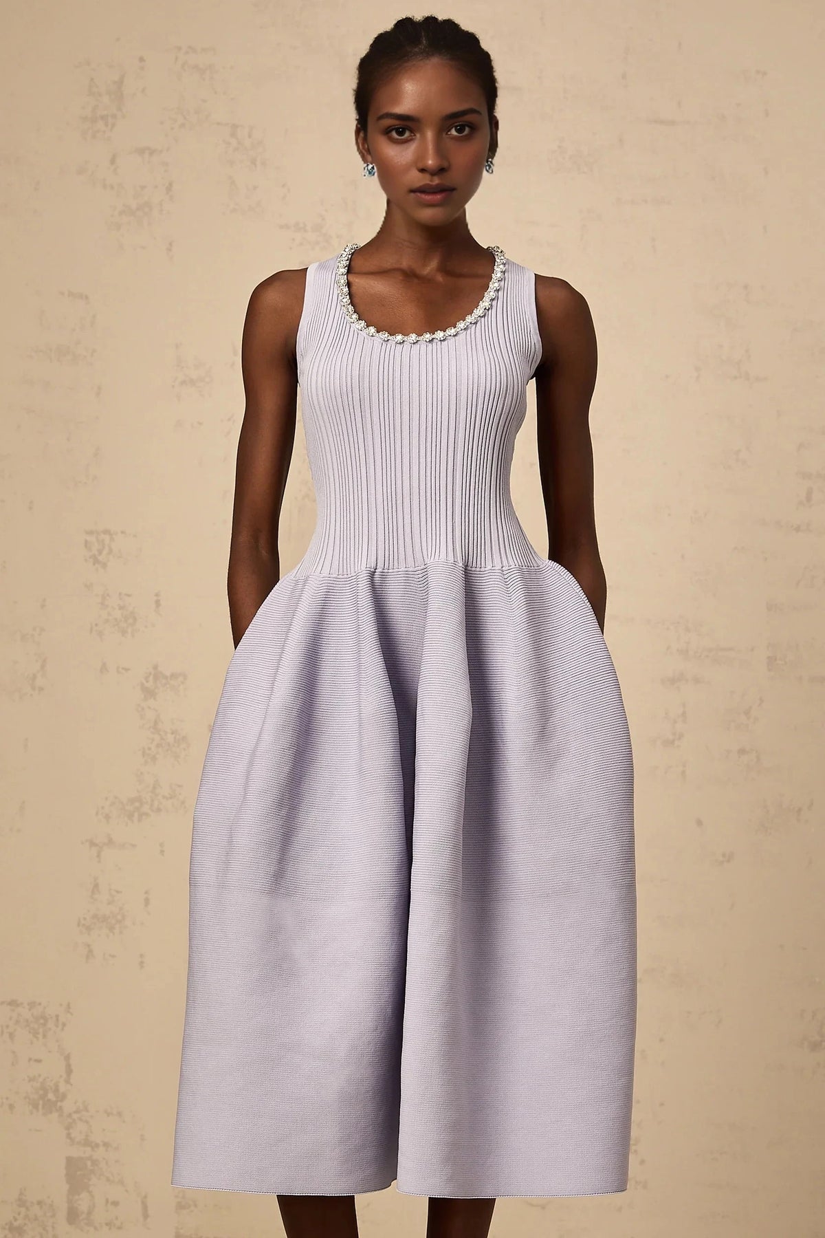 Peach Pleated Halter Neck Midi Dress purple embellished ribbed-knit midi dress Evening Dress by YiHuiw