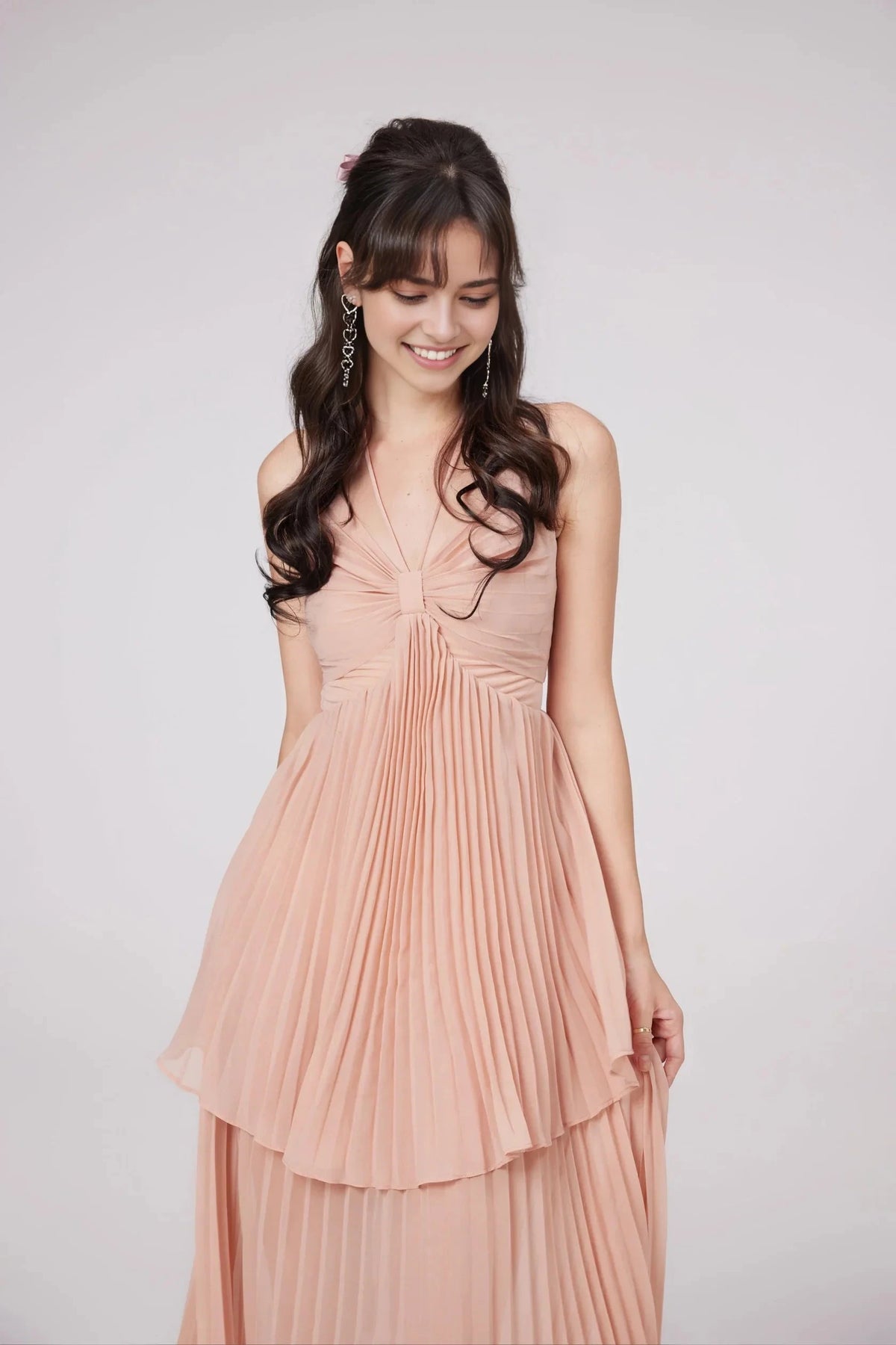 Peach Pleated Halter Neck Midi Dress Olympe pink pleated tiered midi dress Evening Dress by YiHuiw