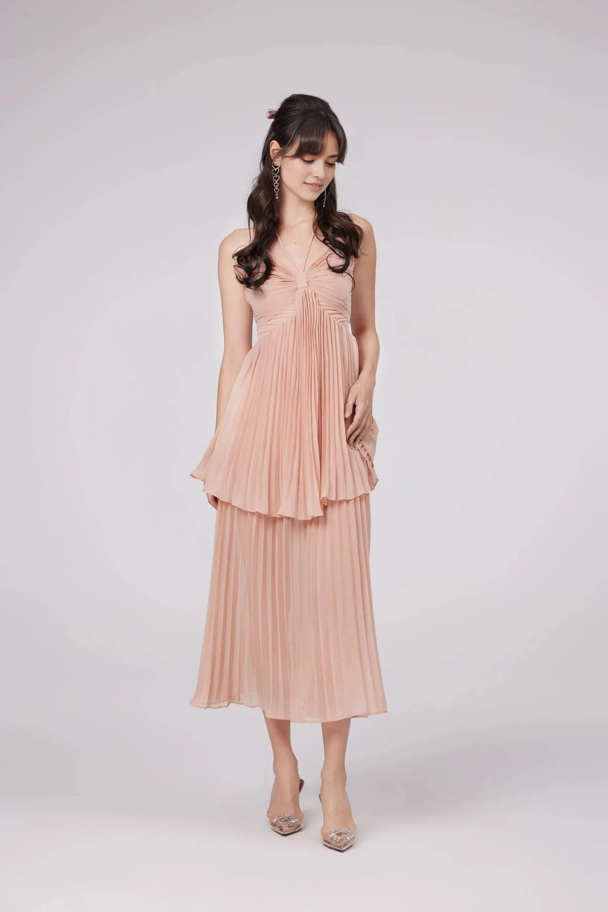 Peach Pleated Halter Neck Midi Dress Olympe pink pleated tiered midi dress Evening Dress by YiHuiw