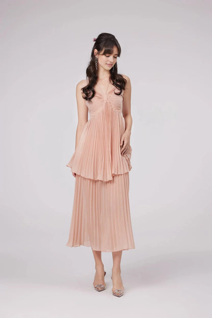 Peach Pleated Halter Neck Midi Dress Olympe pink pleated tiered midi dress Evening Dress by YiHuiw