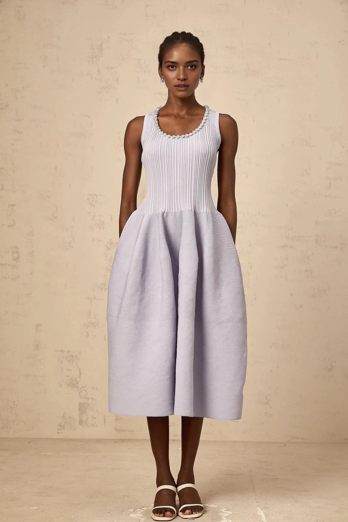 Peach Pleated Halter Neck Midi Dress purple embellished ribbed-knit midi dress Evening Dress by YiHuiw