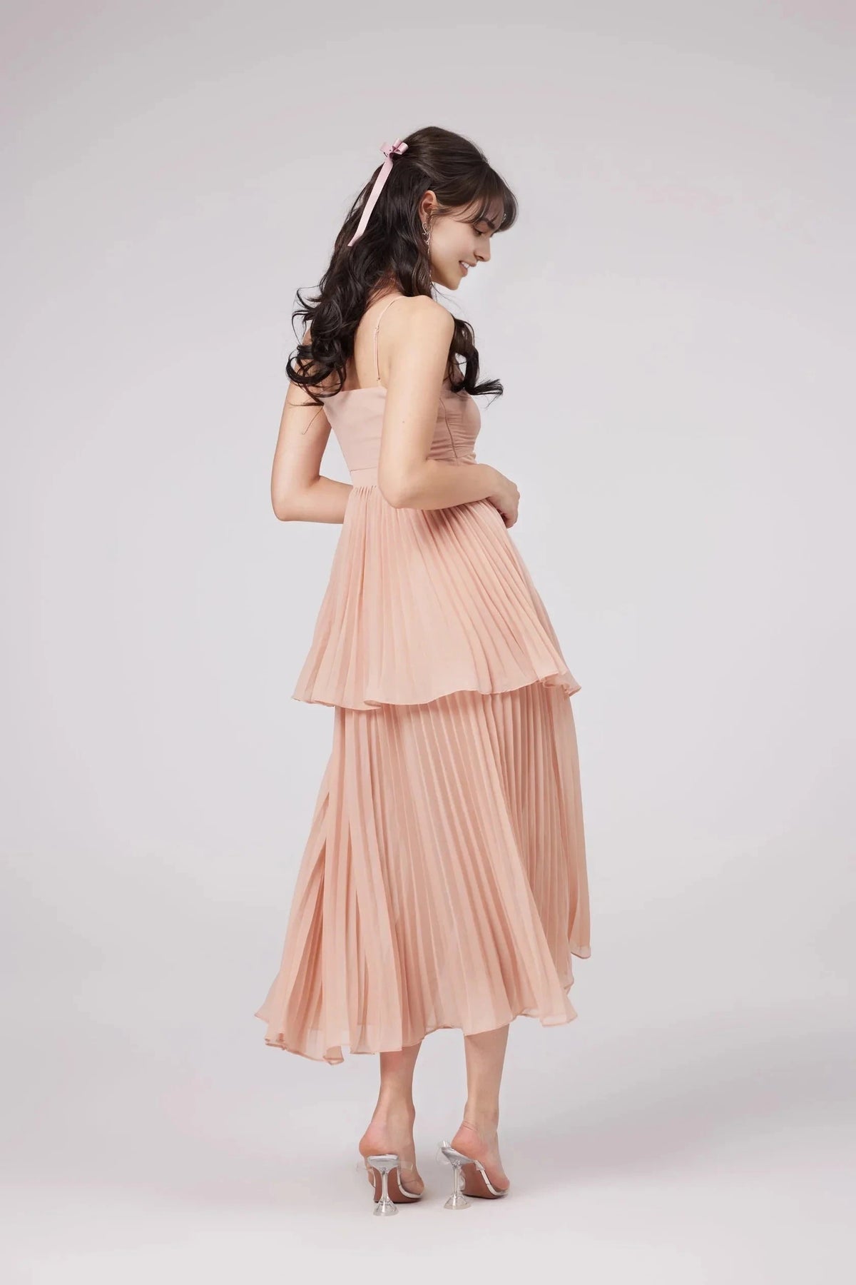 Peach Pleated Halter Neck Midi Dress Olympe pink pleated tiered midi dress Evening Dress by YiHuiw