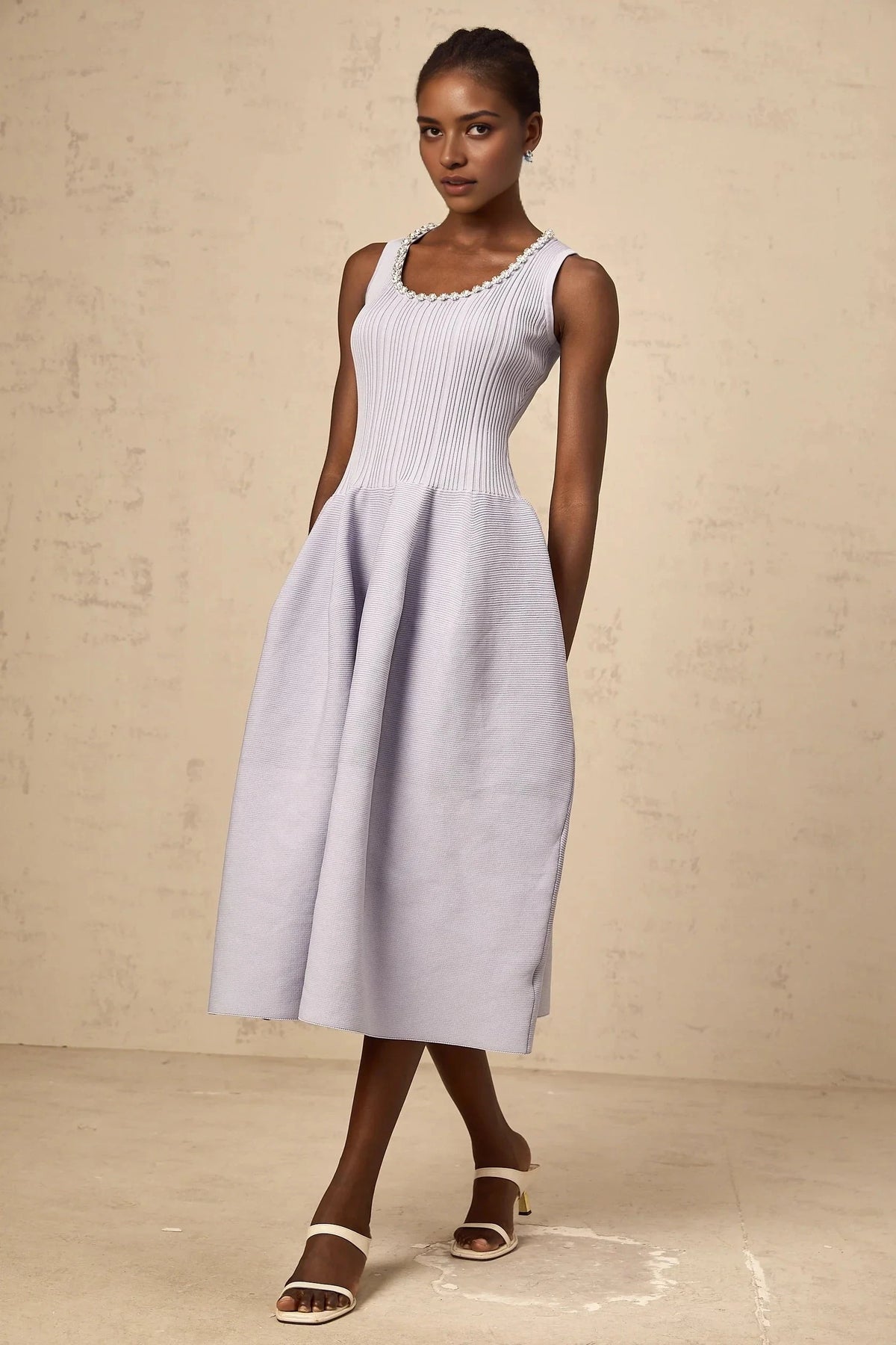 Peach Pleated Halter Neck Midi Dress purple embellished ribbed-knit midi dress Evening Dress by YiHuiw