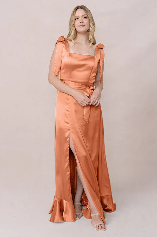 Peach Square Neck Satin High Slit Wedding Dress - Yihuiw by Yihuiw