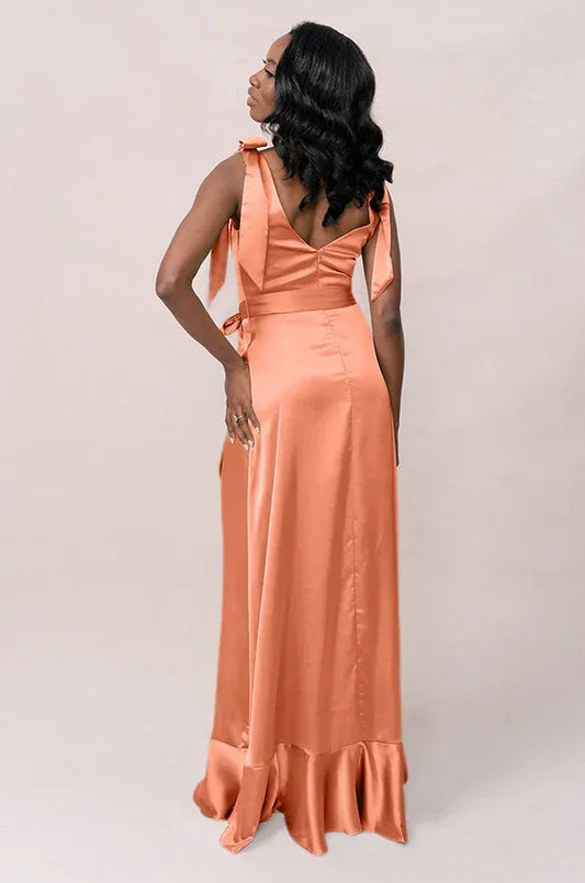 Peach Square Neck Satin High Slit Wedding Dress - Yihuiw by Yihuiw