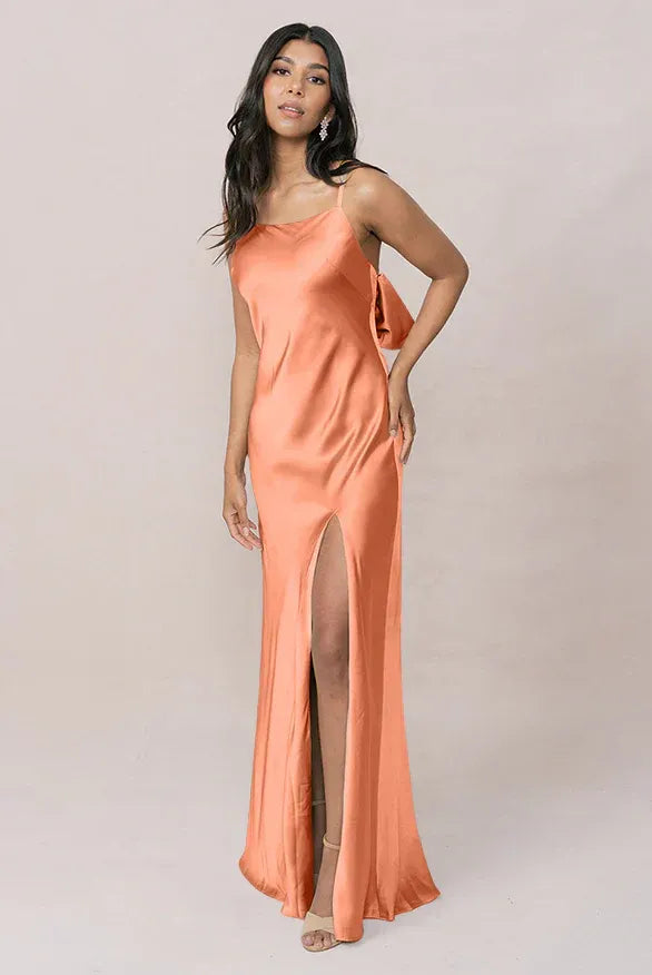 Peach Spaghetti Strap Satin High Slit Wedding Dress - Yihuiw by Yihuiw